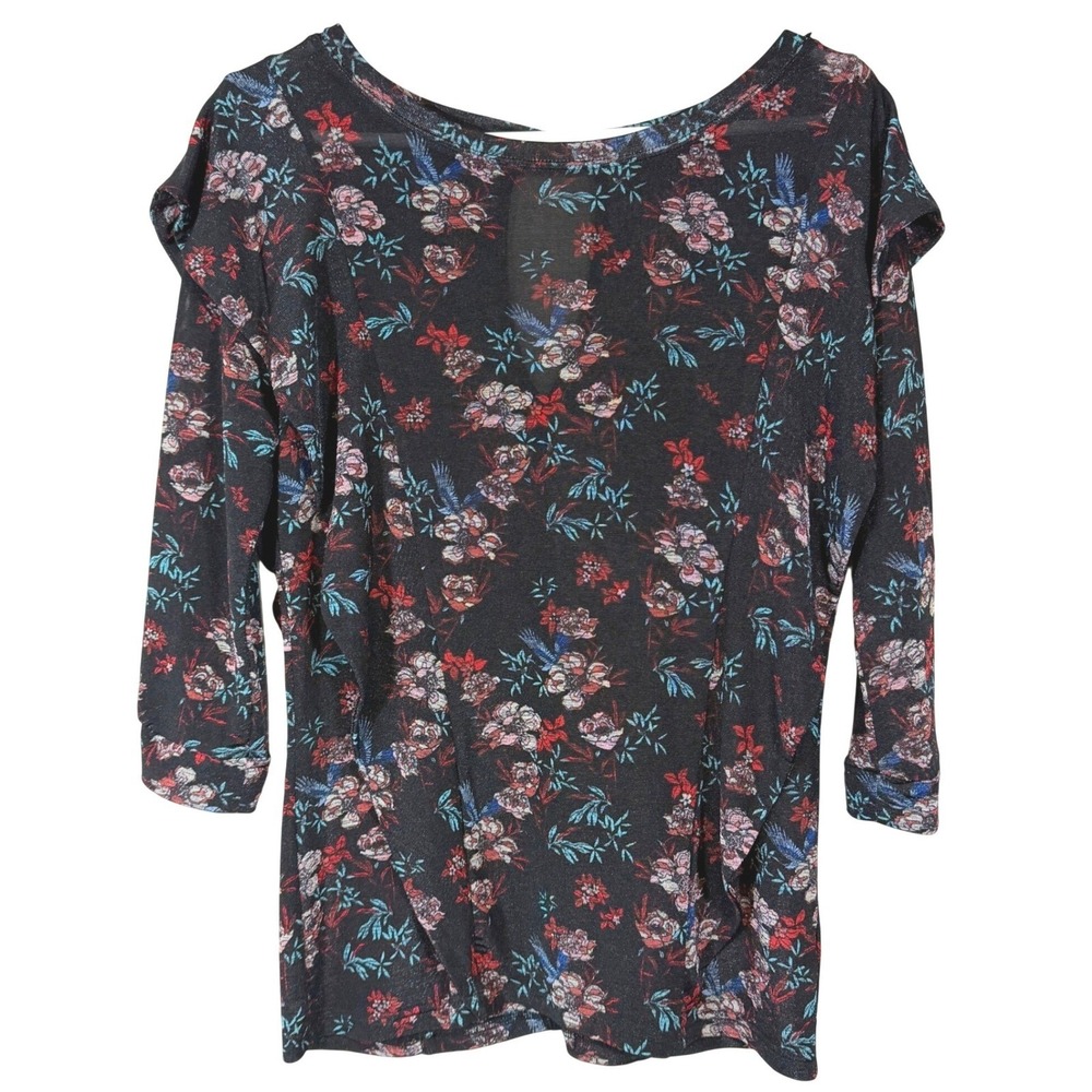 Free People Bird Print Blouse Womens SM/Med Forest Fairy Black Boho Top Shirt